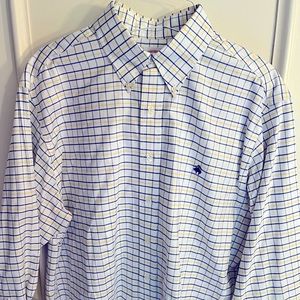Brooks Brothers Regent Fit Shirt Size L white blue yellow check Oxford non-iron!